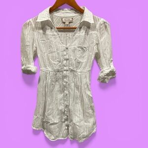 Cute Y2K creamy white semi sheer striped babydoll blouse pockets 3/4 sleeve